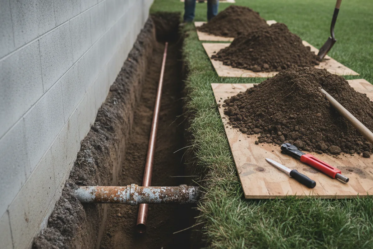 Excavated water line trench during Sewer Line Repair in Aptos